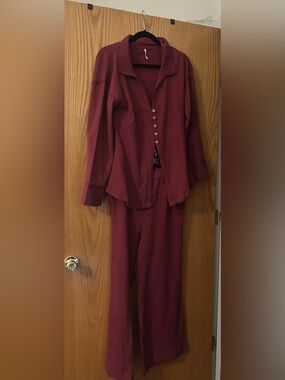 Free People Burgundy Button-Front Two-Piece Jumpsuit Set